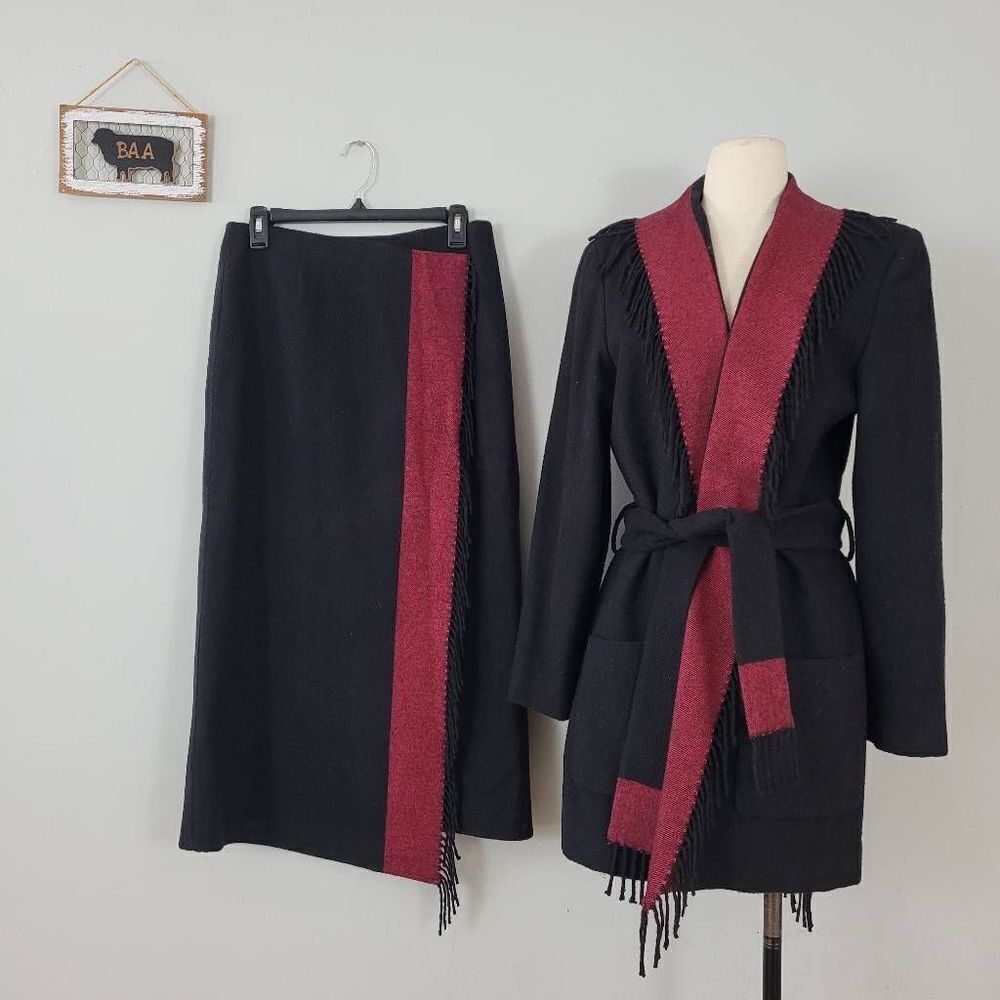 Vintage Worth 100% Camel Hair Fringed Jacket‎ & Wrap Skirt Set Sz 8/10 Black USA